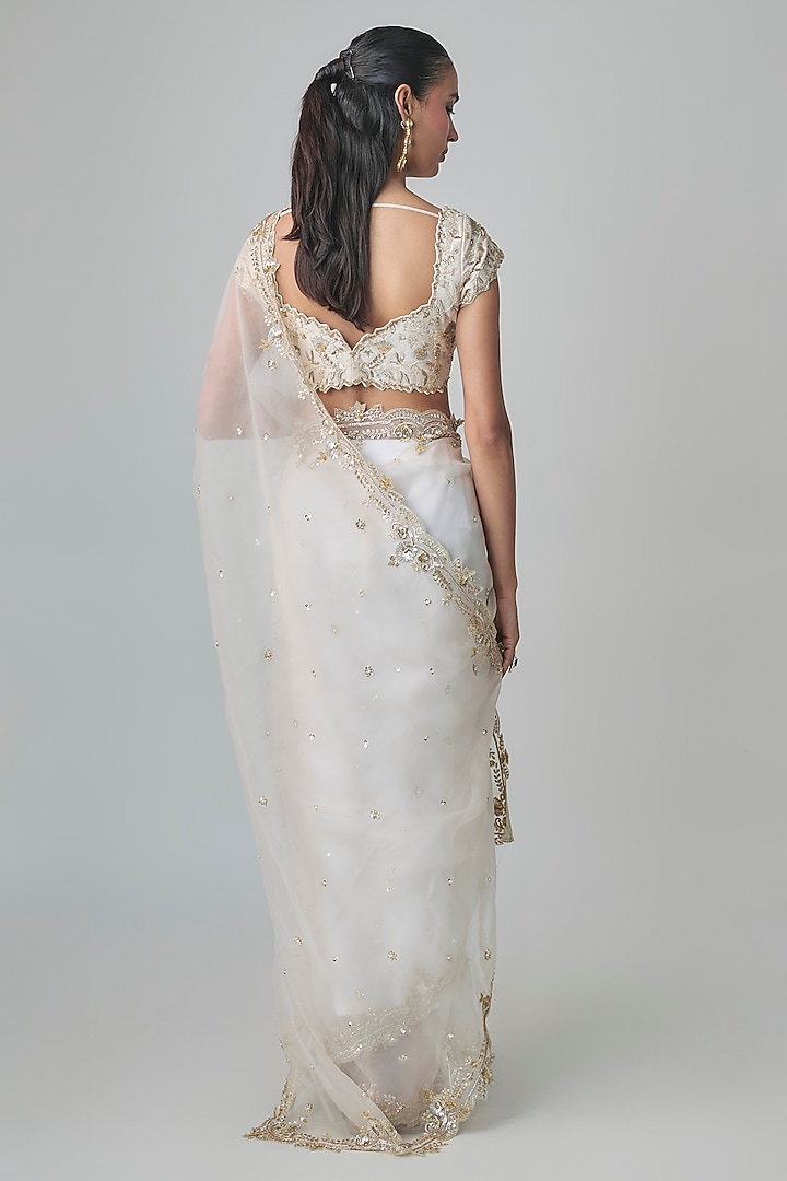 Off-White Organza Cutwork Embroidered Wedding Saree Set by Shlok Design at Pernia's Pop Up Shop