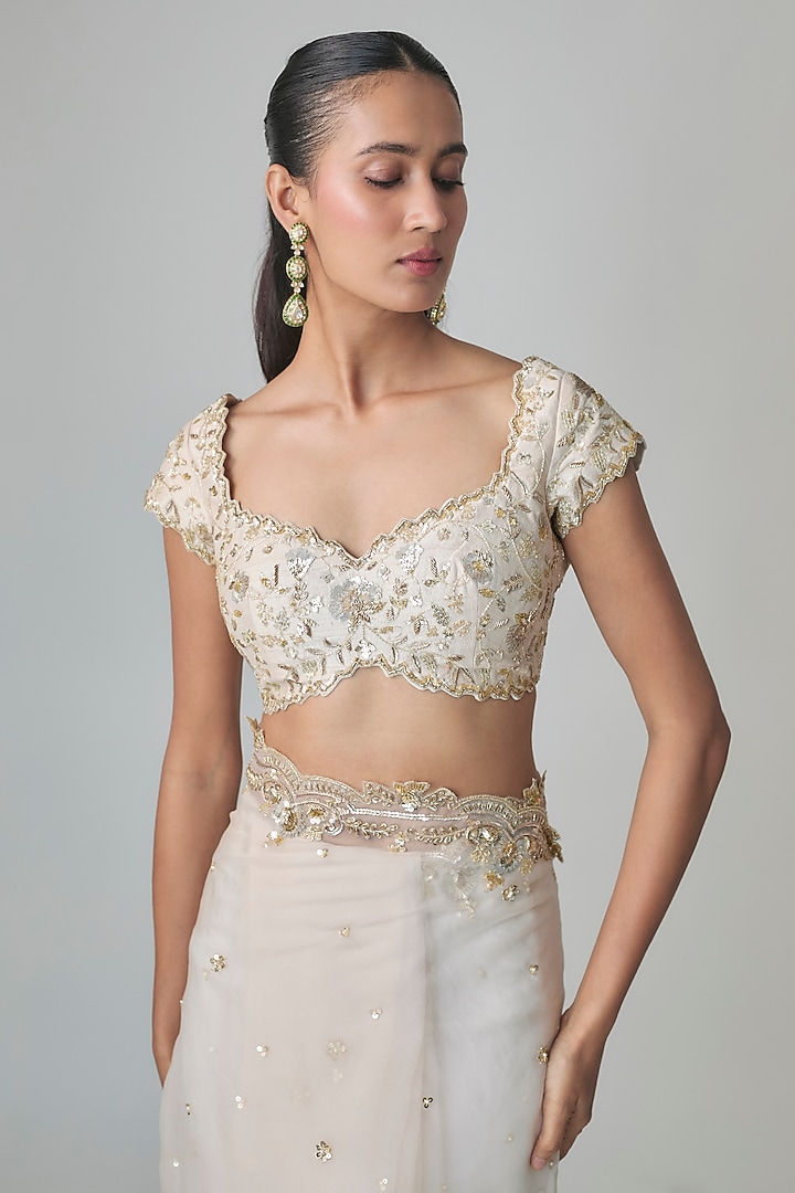 Off-White Organza Cutwork Embroidered Wedding Saree Set by Shlok Design at Pernia's Pop Up Shop