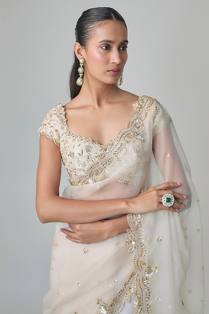 Off-White Organza Cutwork Embroidered Wedding Saree Set by Shlok Design at Pernia's Pop Up Shop