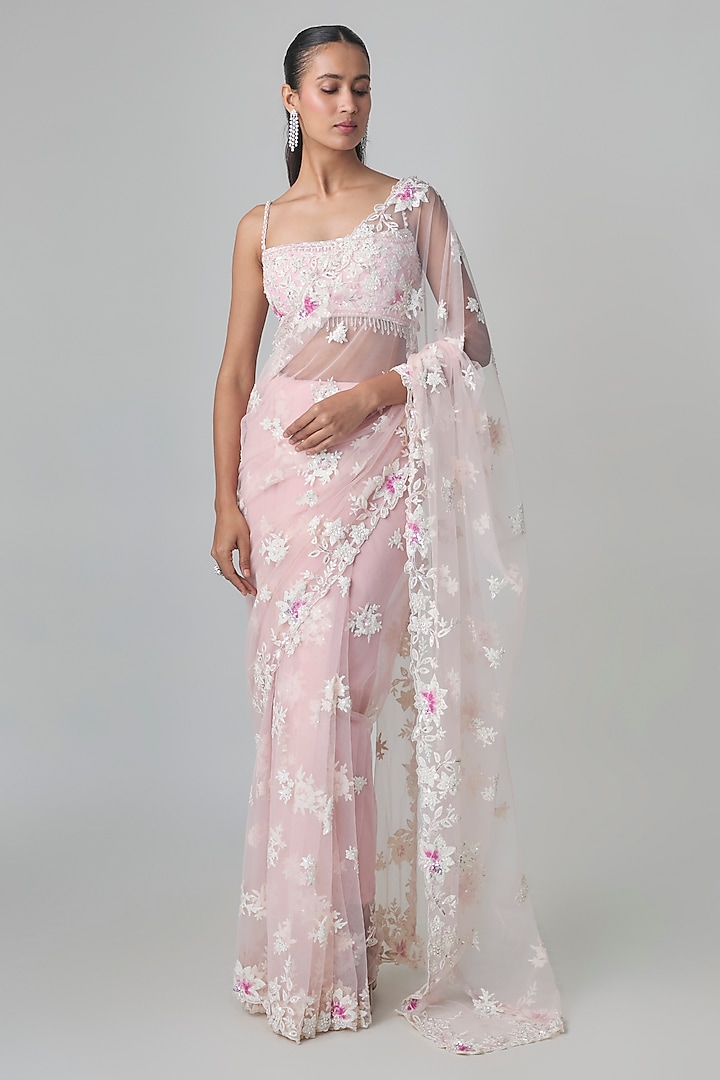 Pink Net Resham Embroidered Reception Saree Set by Shlok Design at Pernia's Pop Up Shop