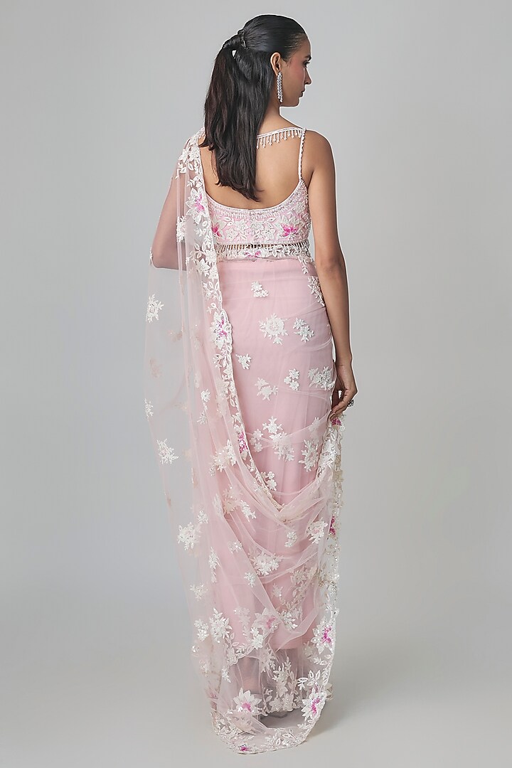 Pink Net Resham Embroidered Reception Saree Set by Shlok Design at Pernia's Pop Up Shop