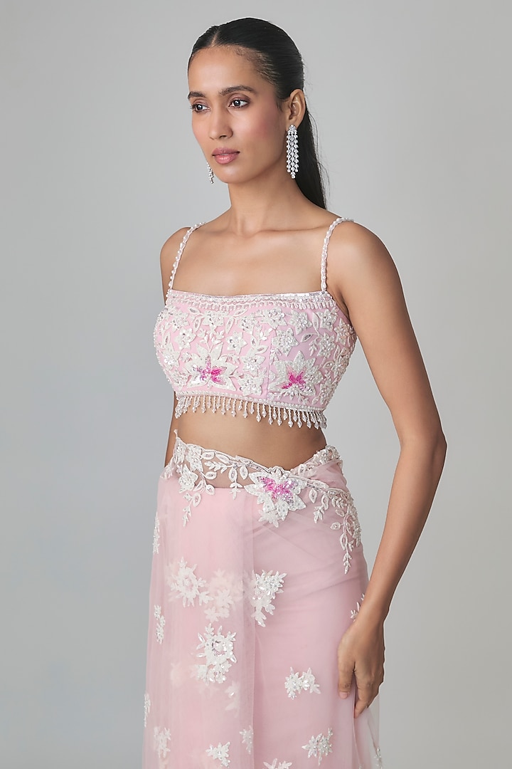 Pink Net Resham Embroidered Reception Saree Set by Shlok Design at Pernia's Pop Up Shop