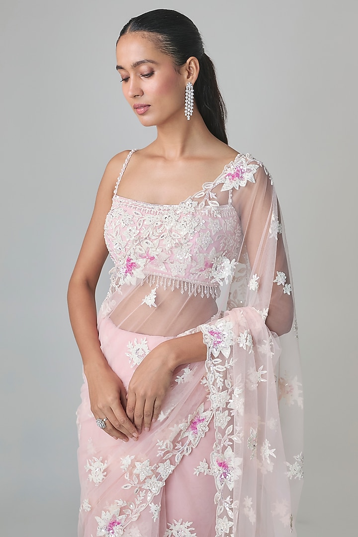 Pink Net Resham Embroidered Reception Saree Set by Shlok Design at Pernia's Pop Up Shop