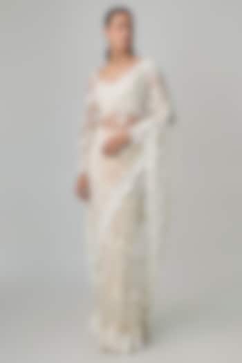Ivory Net Resham Embroidered Reception Saree Set by Shlok Design at Pernia's Pop Up Shop