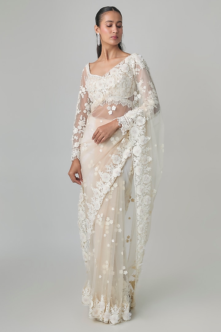 Ivory Net Resham Embroidered Reception Saree Set by Shlok Design at Pernia's Pop Up Shop