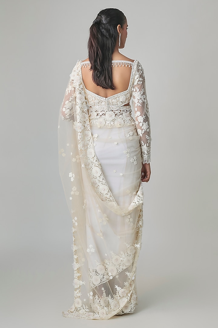 Ivory Net Resham Embroidered Reception Saree Set by Shlok Design at Pernia's Pop Up Shop