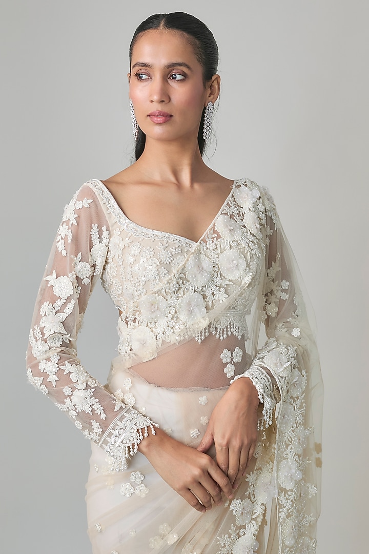 Ivory Net Resham Embroidered Reception Saree Set by Shlok Design at Pernia's Pop Up Shop