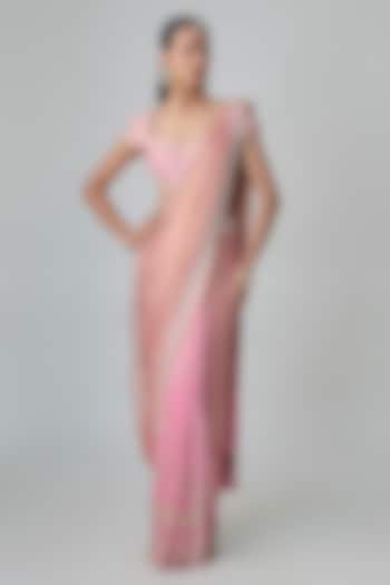 Pink Organza Zardosi Embroidered Reception Saree Set by Shlok Design at Pernia's Pop Up Shop