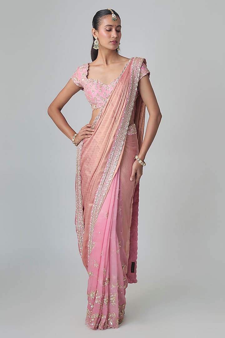Pink Organza Zardosi Embroidered Reception Saree Set by Shlok Design at Pernia's Pop Up Shop