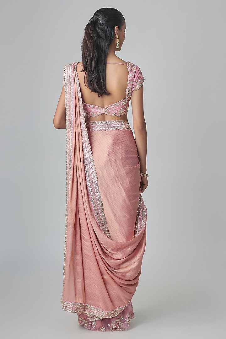 Pink Organza Zardosi Embroidered Reception Saree Set by Shlok Design at Pernia's Pop Up Shop