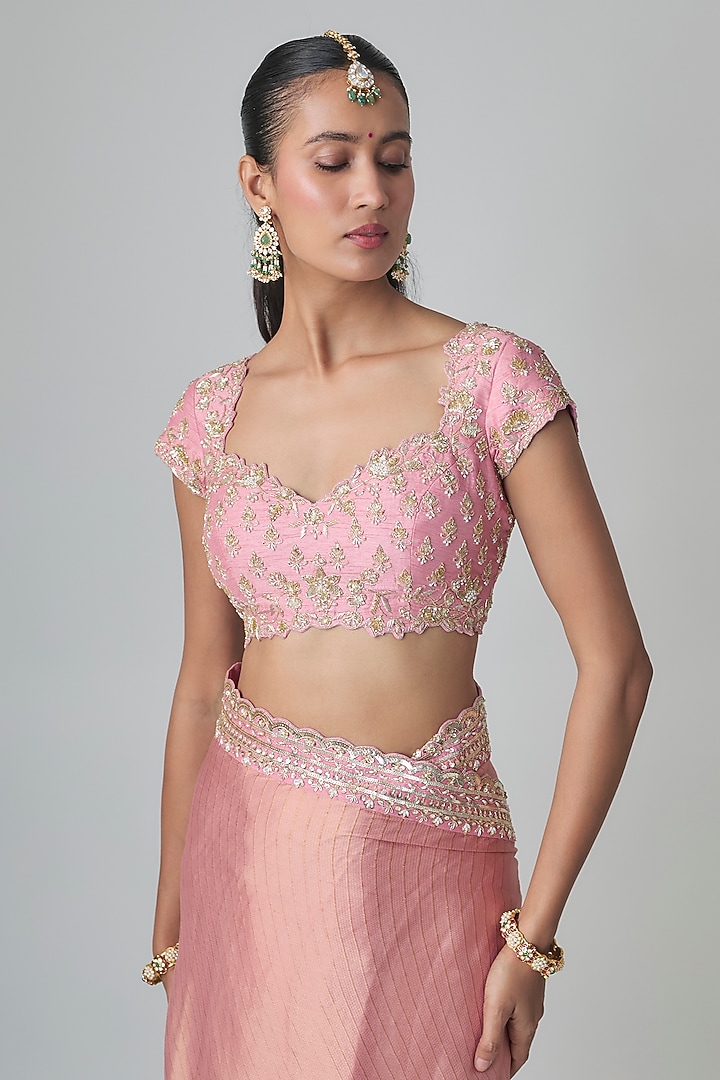 Pink Organza Zardosi Embroidered Reception Saree Set by Shlok Design at Pernia's Pop Up Shop