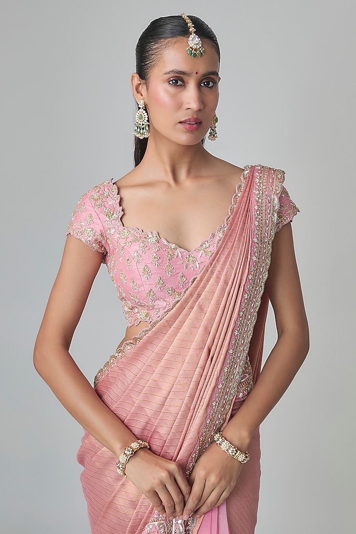 Pink Organza Zardosi Embroidered Reception Saree Set by Shlok Design at Pernia's Pop Up Shop