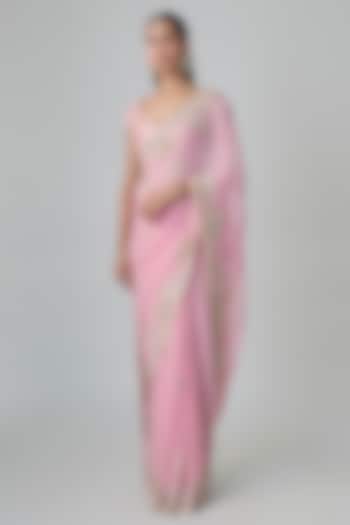 Pink Georgette Zardosi Embroidered Reception Saree Set by Shlok Design at Pernia's Pop Up Shop