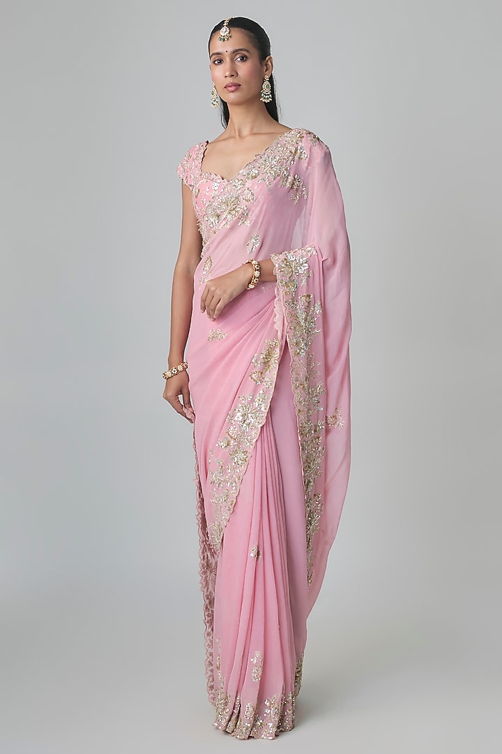 Pink Georgette Zardosi Embroidered Reception Saree Set by Shlok Design at Pernia's Pop Up Shop