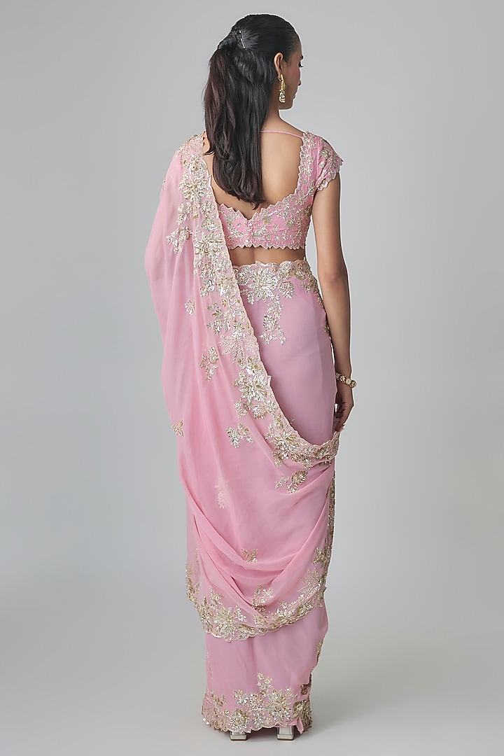 Pink Georgette Zardosi Embroidered Reception Saree Set by Shlok Design at Pernia's Pop Up Shop