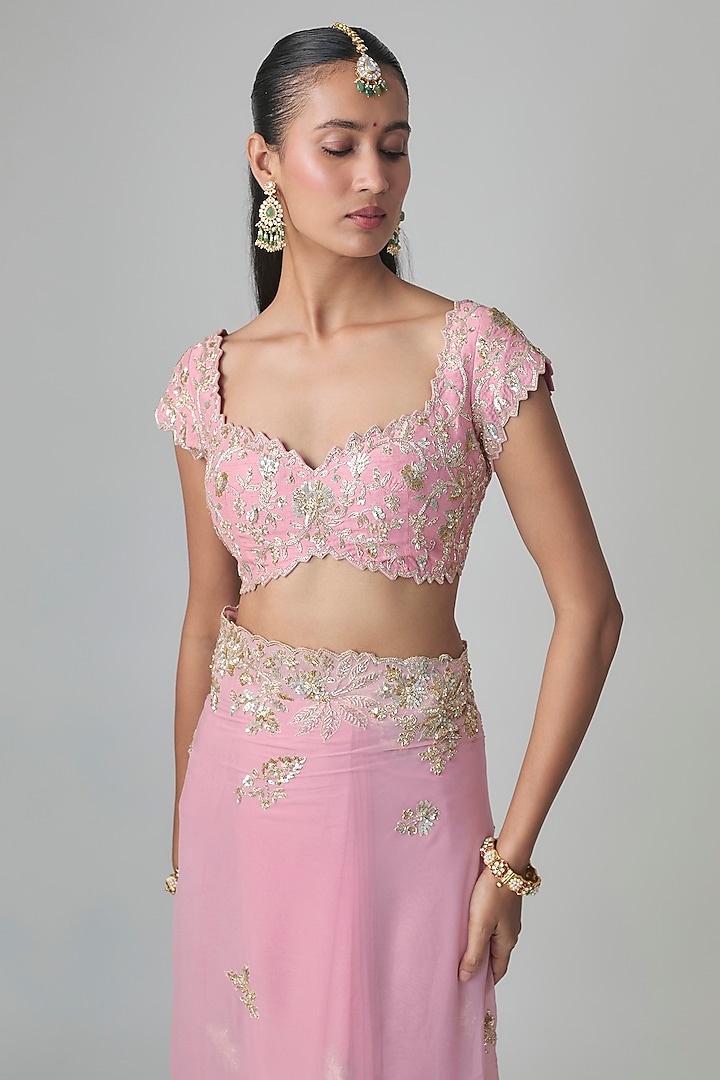 Pink Georgette Zardosi Embroidered Reception Saree Set by Shlok Design at Pernia's Pop Up Shop