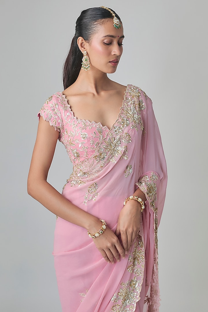 Pink Georgette Zardosi Embroidered Reception Saree Set by Shlok Design at Pernia's Pop Up Shop