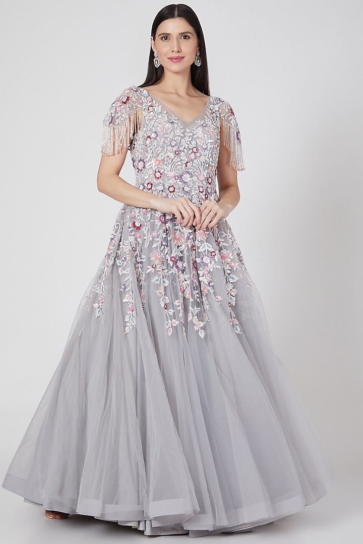 Grey Sequins Embroidered Gown by Shlok Design