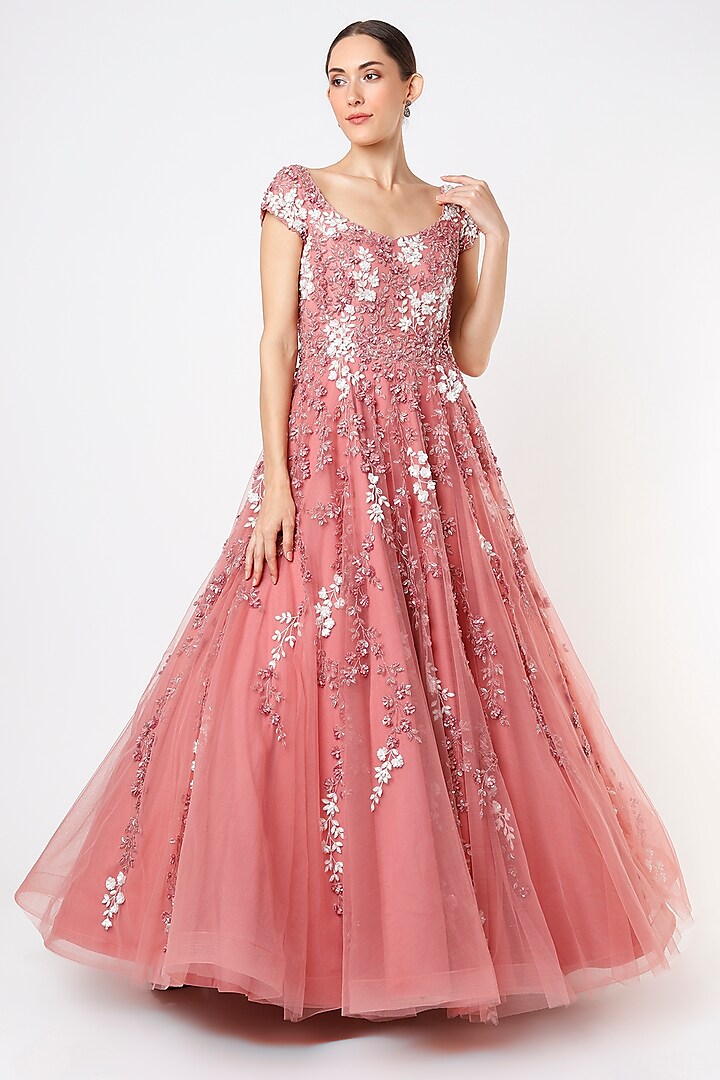 Rose Pink Embroidered Gown by Shlok Design