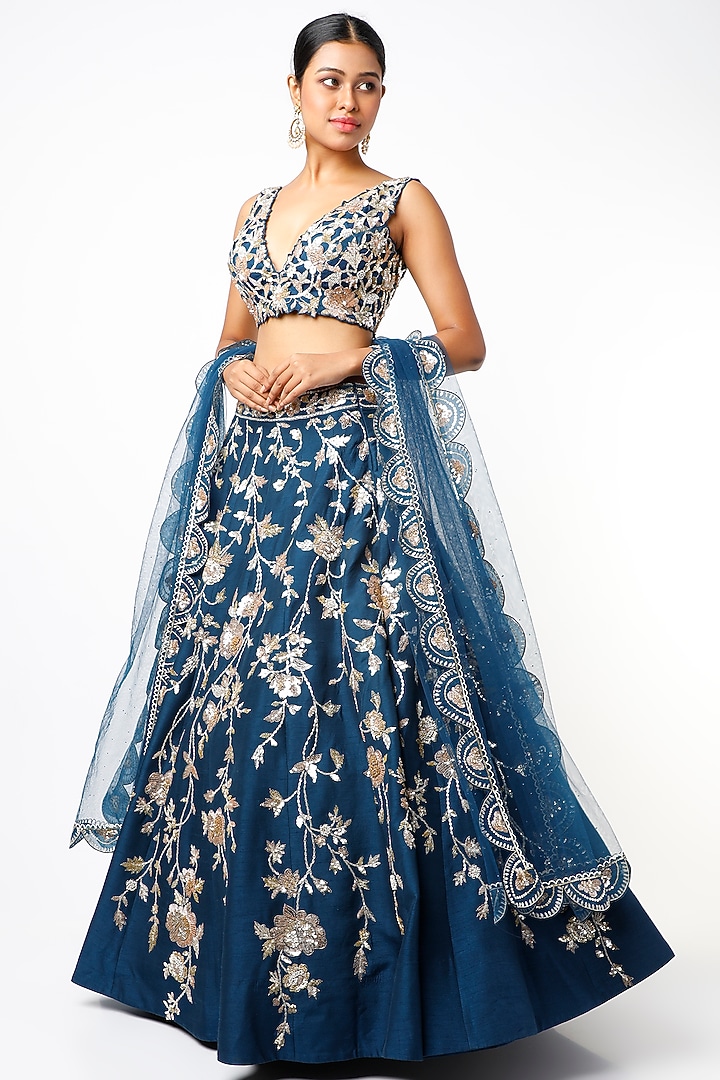 Teal Blue Dupion Silk Wedding Lehenga Set by Shlok Design at Pernia's Pop Up Shop