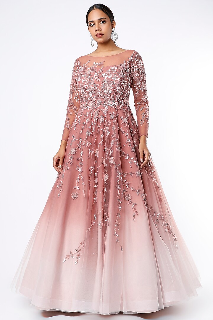 Blush Pink Ombre Embroidered Gown by Shlok Design