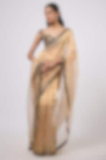 Golden Tissue Zardosi Embroidered Wedding Saree Set by Shlok Design at Pernia's Pop Up Shop