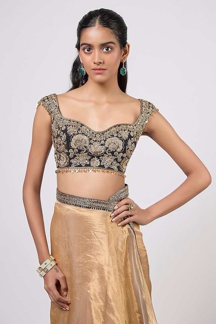 Golden Tissue Zardosi Embroidered Wedding Saree Set by Shlok Design at Pernia's Pop Up Shop
