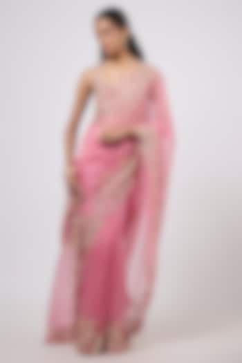 Pink Organza Zardosi Embroidered Reception Saree Set by Shlok Design at Pernia's Pop Up Shop