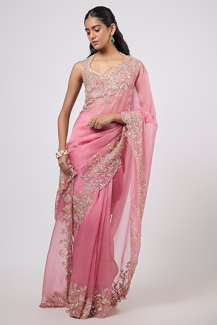 Pink Organza Zardosi Embroidered Reception Saree Set by Shlok Design at Pernia's Pop Up Shop