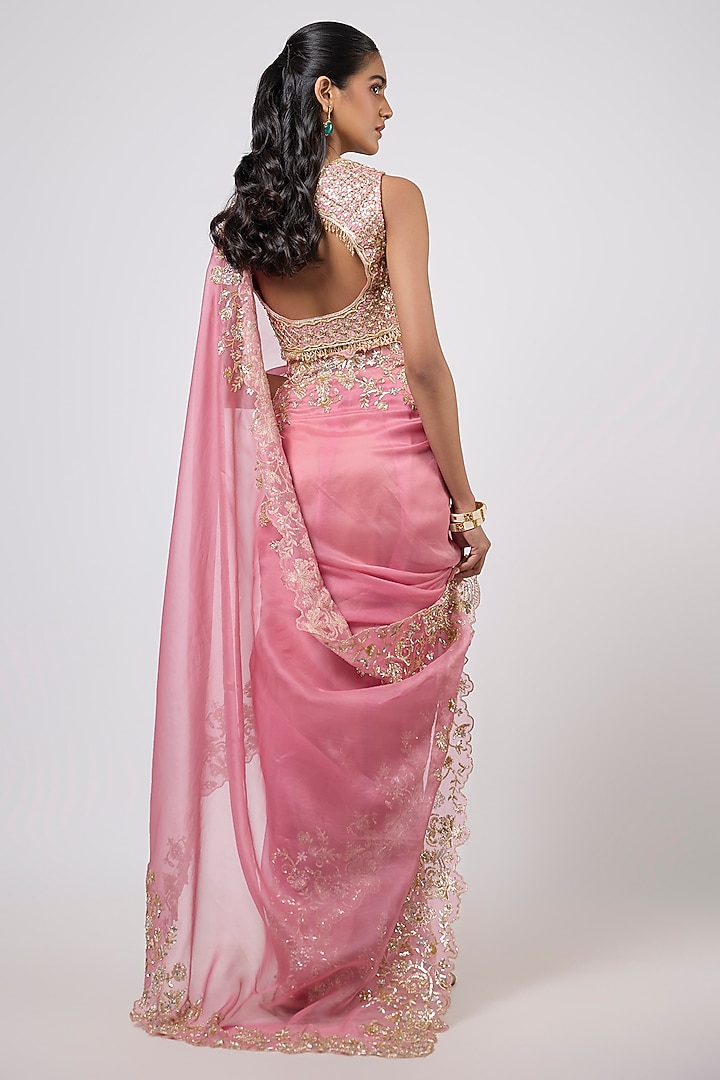Pink Organza Zardosi Embroidered Reception Saree Set by Shlok Design at Pernia's Pop Up Shop