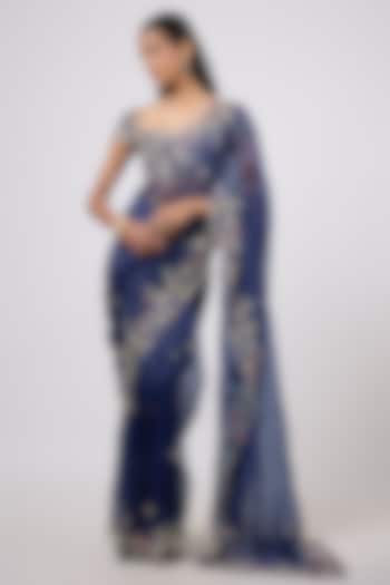 Blue Organza Zardosi Embroidered Cutwork Reception Saree Set by Shlok Design at Pernia's Pop Up Shop