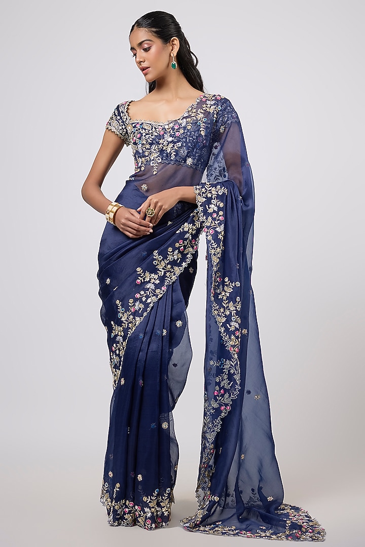 Blue Organza Zardosi Embroidered Cutwork Reception Saree Set by Shlok Design at Pernia's Pop Up Shop