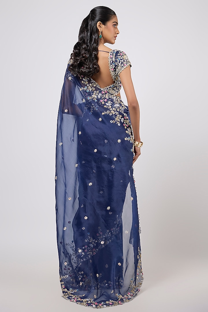 Blue Organza Zardosi Embroidered Cutwork Reception Saree Set by Shlok Design at Pernia's Pop Up Shop