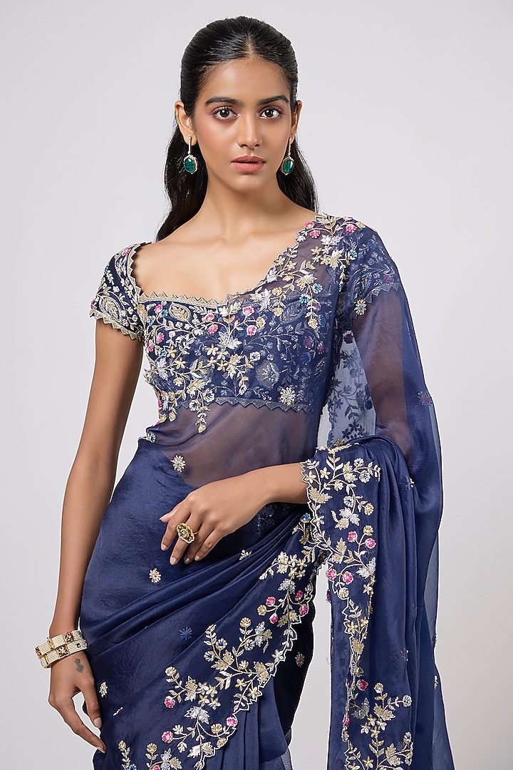 Blue Organza Zardosi Embroidered Cutwork Reception Saree Set by Shlok Design at Pernia's Pop Up Shop