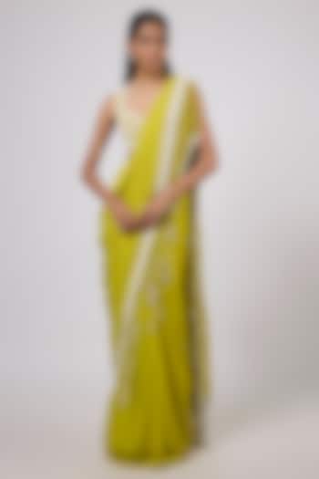 Green Georgette Pearl & Sequins Embroidered Wedding Saree Set by Shlok Design at Pernia's Pop Up Shop