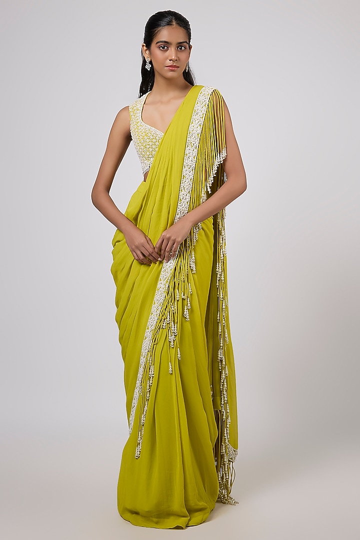 Green Georgette Pearl & Sequins Embroidered Wedding Saree Set by Shlok Design at Pernia's Pop Up Shop