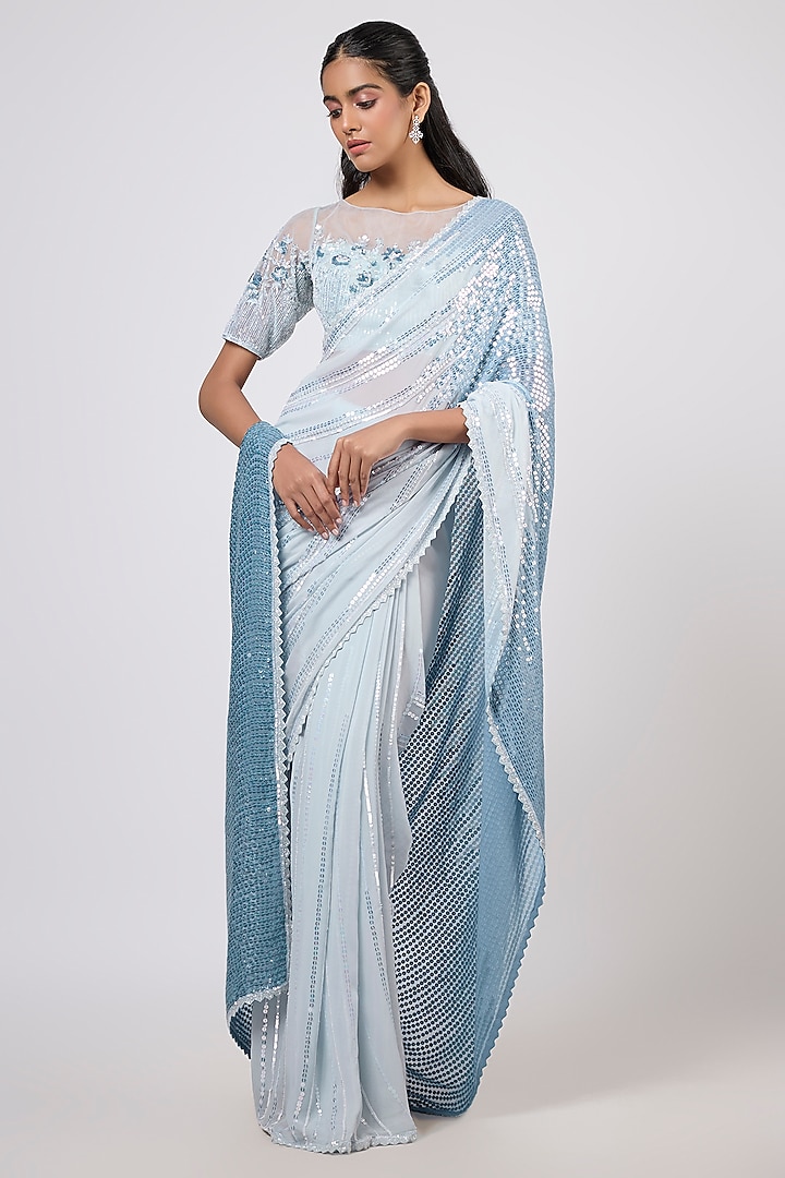 Blue Ombre Georgette Sequins Embroidered Wedding Saree Set by Shlok Design at Pernia's Pop Up Shop