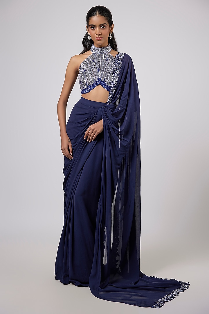 Teal Blue Georgette Sequins Embroidered Draped Wedding Saree Set by Shlok Design at Pernia's Pop Up Shop