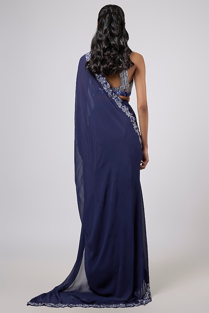 Teal Blue Georgette Sequins Embroidered Draped Wedding Saree Set by Shlok Design at Pernia's Pop Up Shop