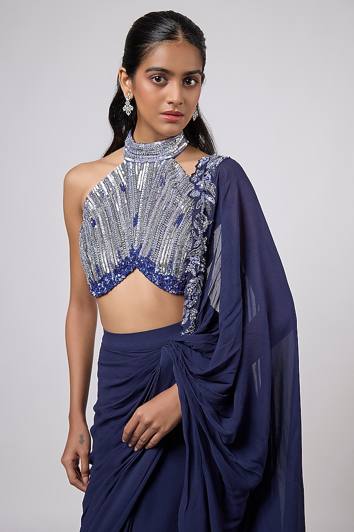 Teal Blue Georgette Sequins Embroidered Draped Wedding Saree Set by Shlok Design at Pernia's Pop Up Shop