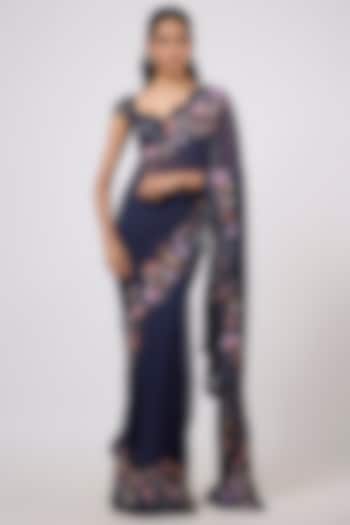 Blue Georgette Sequins Embroidered Scalloped Reception Saree Set by Shlok Design at Pernia's Pop Up Shop