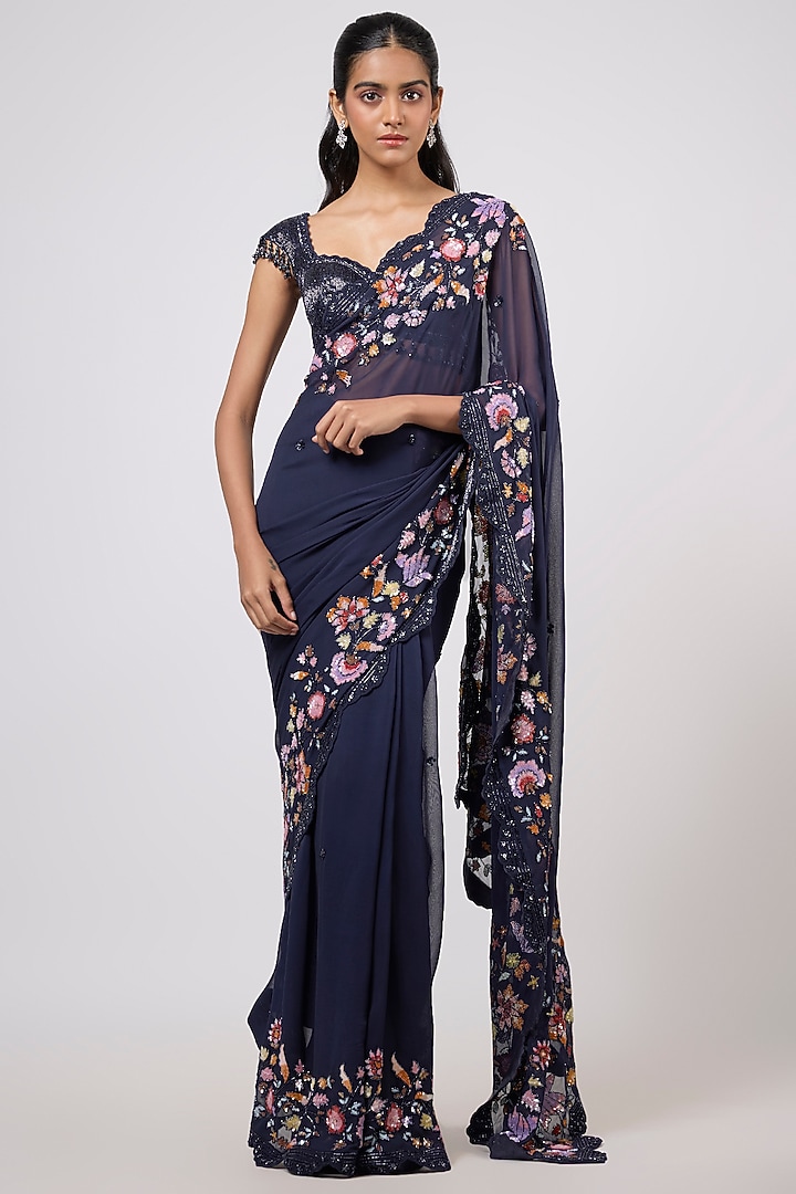 Blue Georgette Sequins Embroidered Scalloped Reception Saree Set by Shlok Design at Pernia's Pop Up Shop