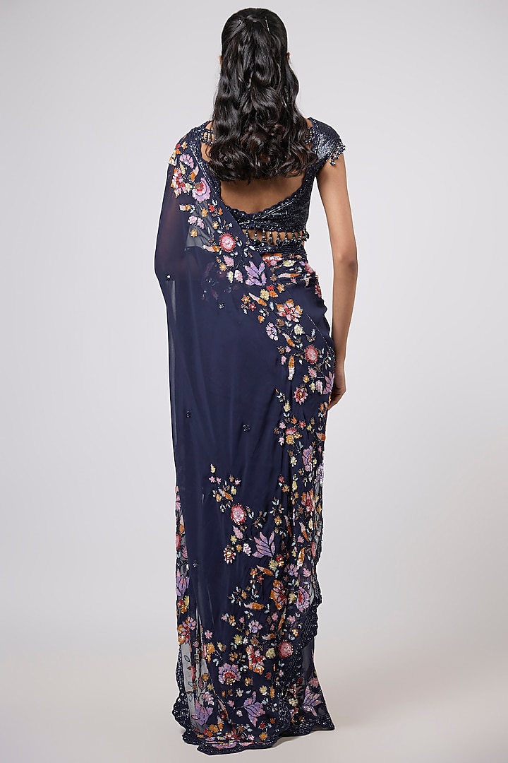 Blue Georgette Sequins Embroidered Scalloped Reception Saree Set by Shlok Design at Pernia's Pop Up Shop