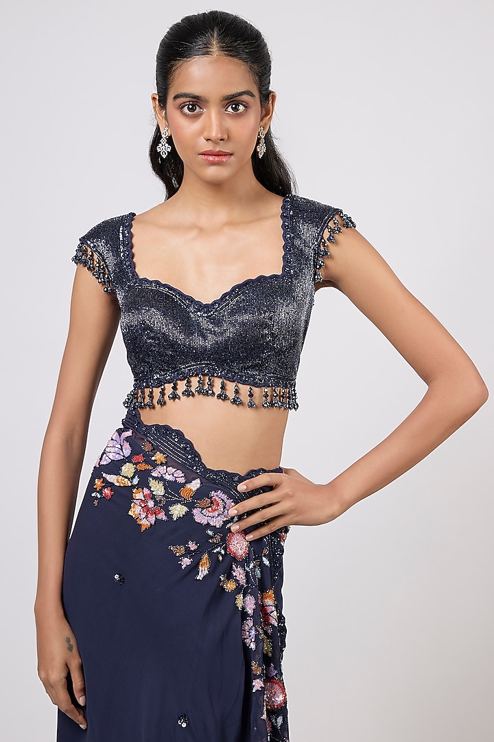Blue Georgette Sequins Embroidered Scalloped Reception Saree Set by Shlok Design at Pernia's Pop Up Shop