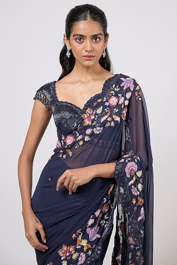 Blue Georgette Sequins Embroidered Scalloped Reception Saree Set by Shlok Design at Pernia's Pop Up Shop