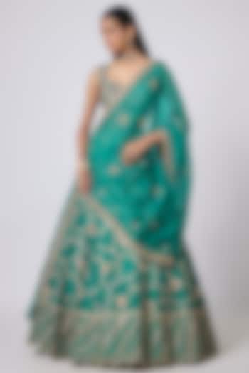 Green Dupion Zardosi Embroidered Bridal Lehenga Set by Shlok Design at Pernia's Pop Up Shop