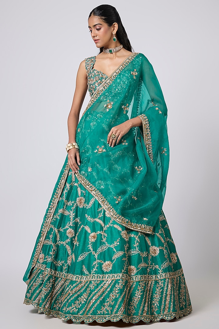 Green Dupion Zardosi Embroidered Bridal Lehenga Set by Shlok Design at Pernia's Pop Up Shop