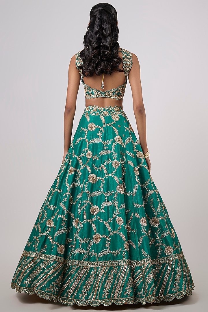 Green Dupion Zardosi Embroidered Bridal Lehenga Set by Shlok Design at Pernia's Pop Up Shop