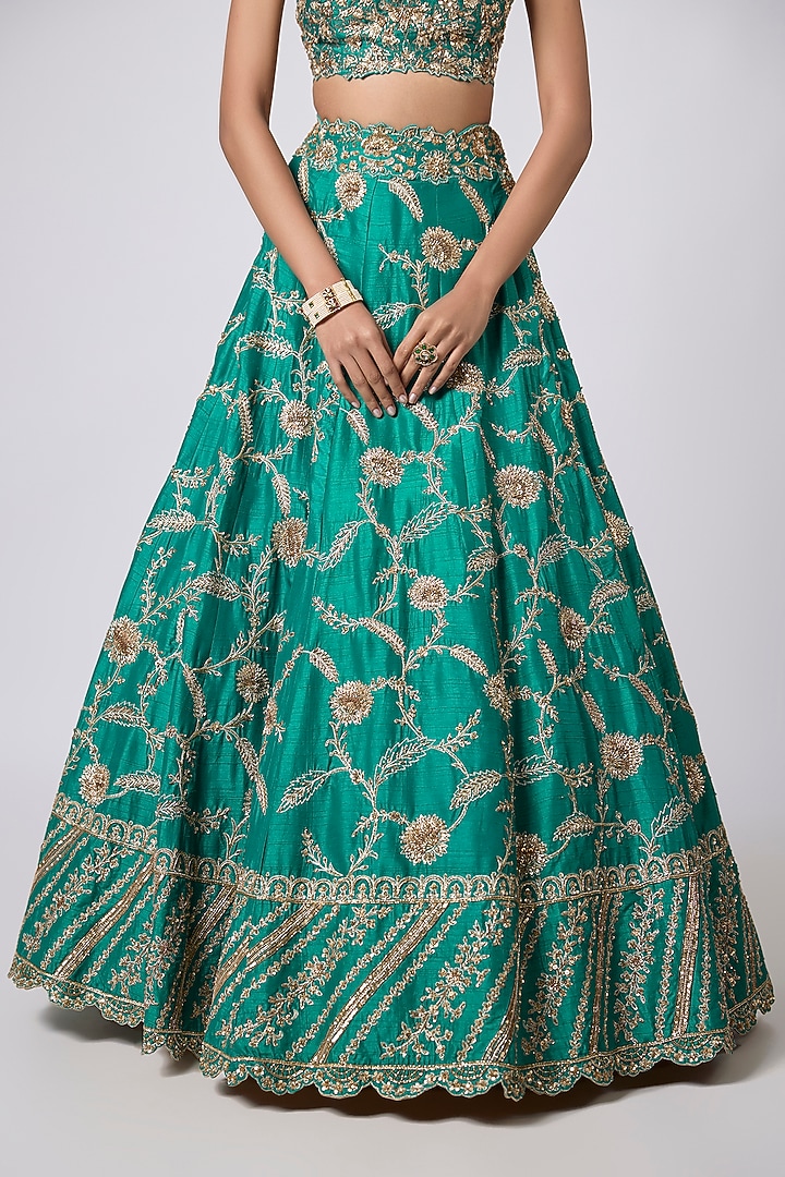 Green Dupion Zardosi Embroidered Bridal Lehenga Set by Shlok Design at Pernia's Pop Up Shop