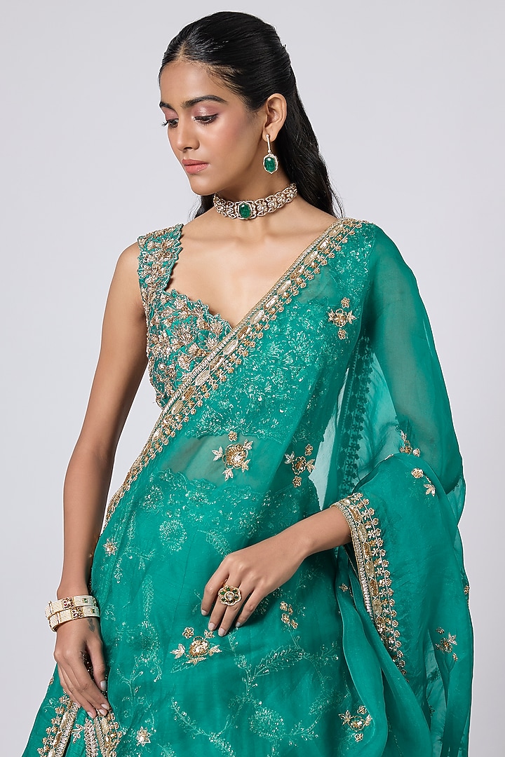 Green Dupion Zardosi Embroidered Bridal Lehenga Set by Shlok Design at Pernia's Pop Up Shop